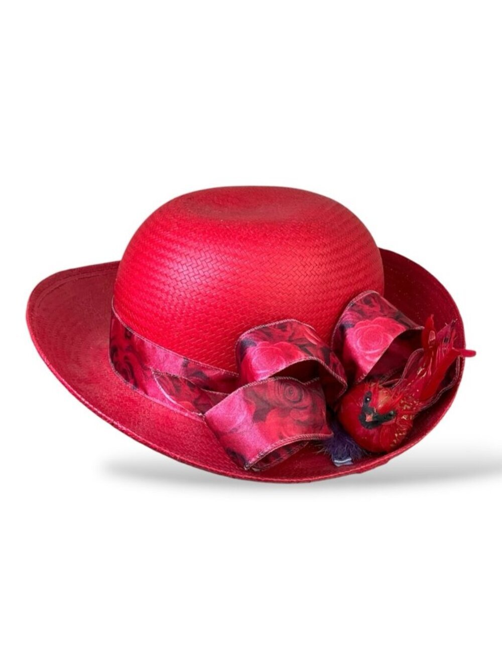 Vintage Red Straw Church Derby Hat Embellished Ribbon Red Bird Adult OS 1980’s - Picture 7 of 15